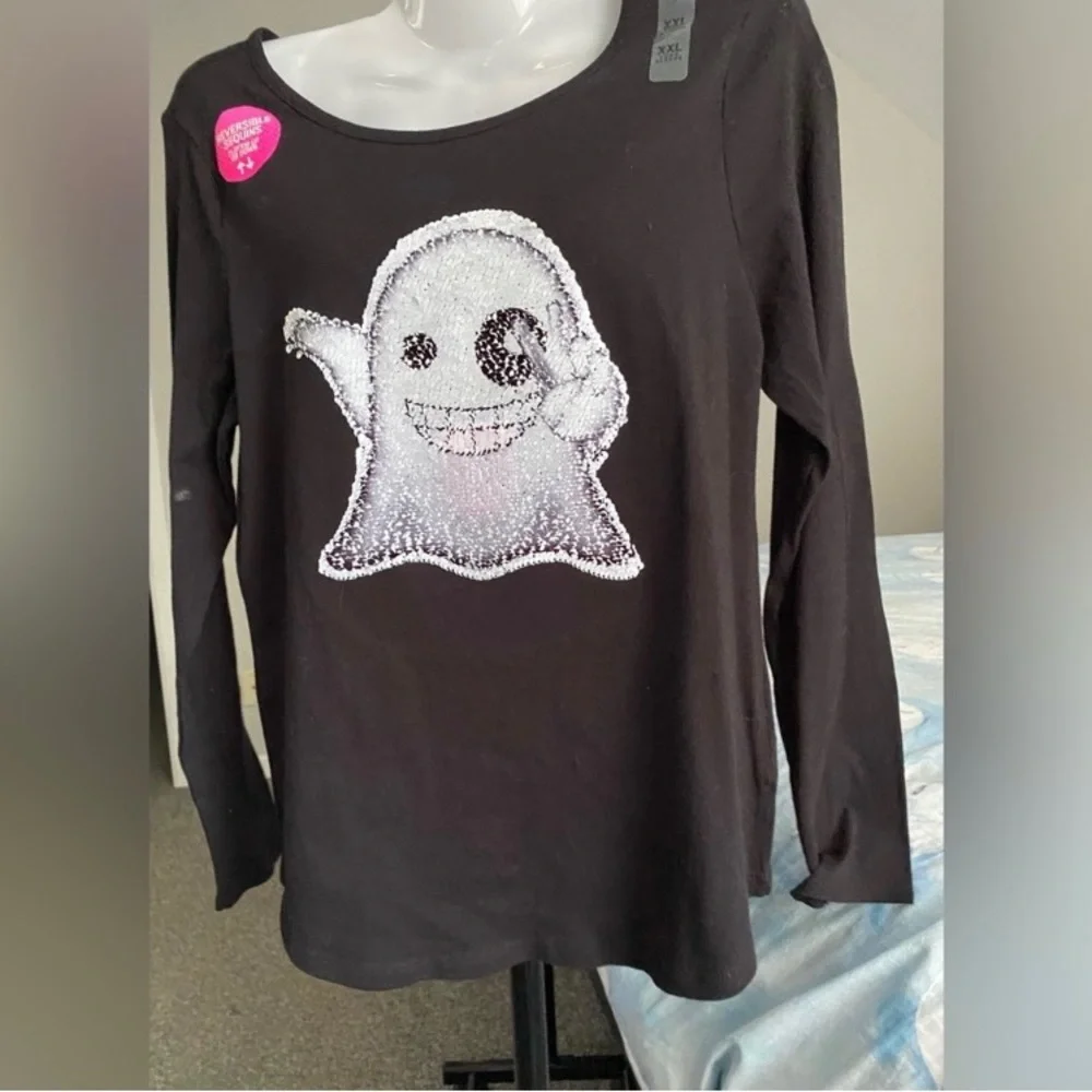 Girls Sequin Halloween Ghost Long Sleeve Shirt Place - Picture 3 of 16